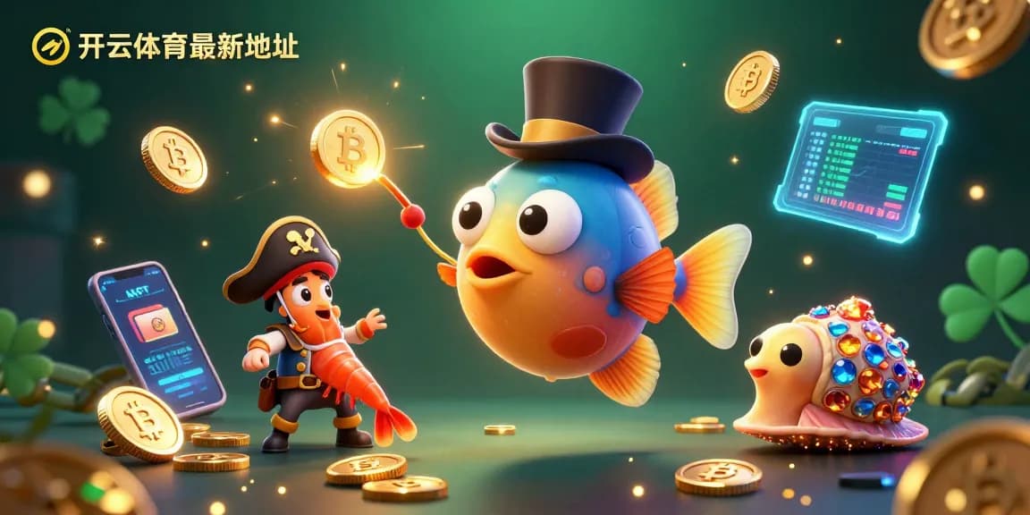 在开云体育最新地址下，深海angler鱼在高顶礼帽中吸引金币，与海盗装的虾和宝藏海螺共同展示抢眼场景。