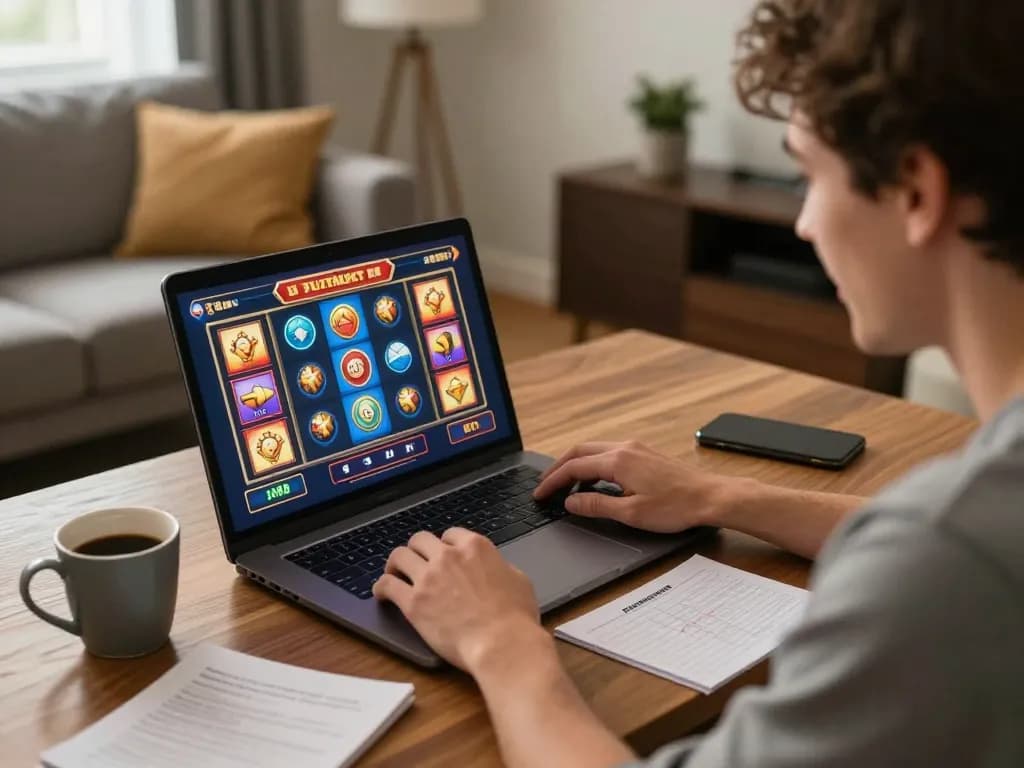 Player enjoying 100cuci slot games on a laptop, showcasing a cozy and strategic home gaming environment.