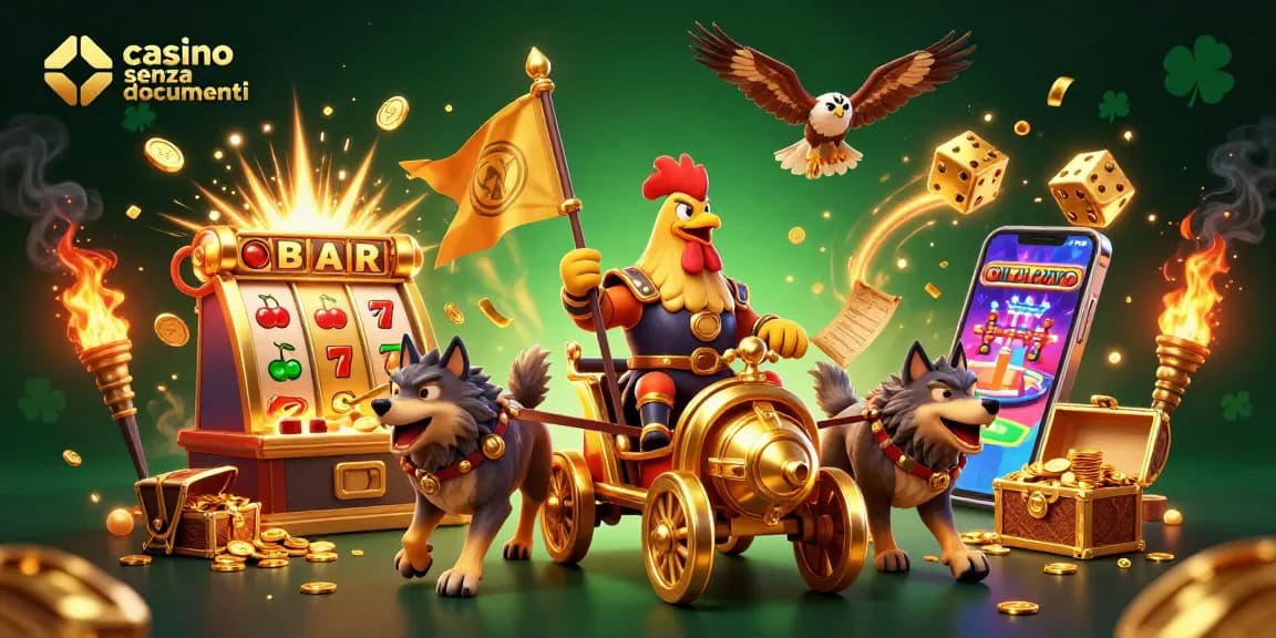 Scopri giochi emozionanti al casino senza documenti con un'illustrazione 3D vivace che presenta elementi dinamici e personaggi.