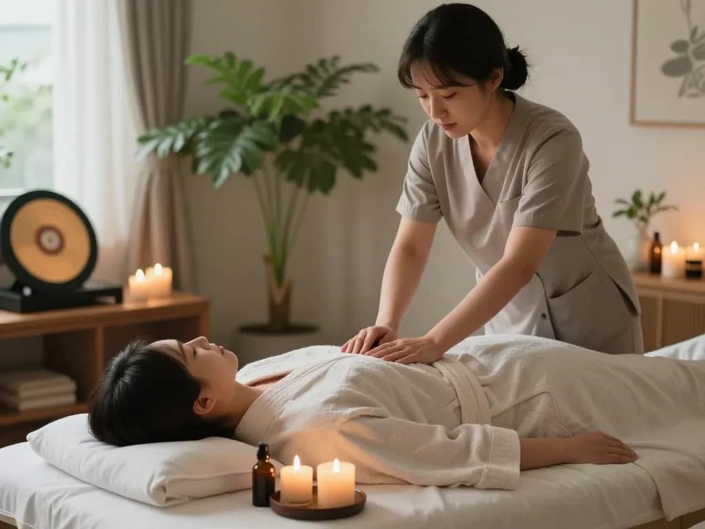 서울출장마사지 therapy session setup with calming décor and soothing atmosphere.