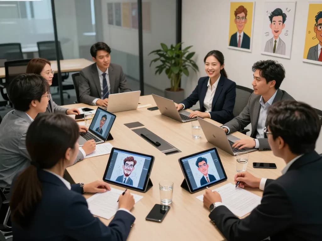 Clients engaging in a professional meeting discussing ChatGPT caricature concepts with AI artworks on display.