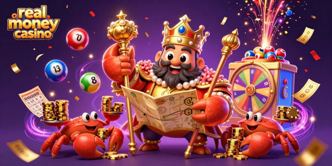 Experience the vibrant world of real money casino with a majestic crab emperor and lively gaming elements.