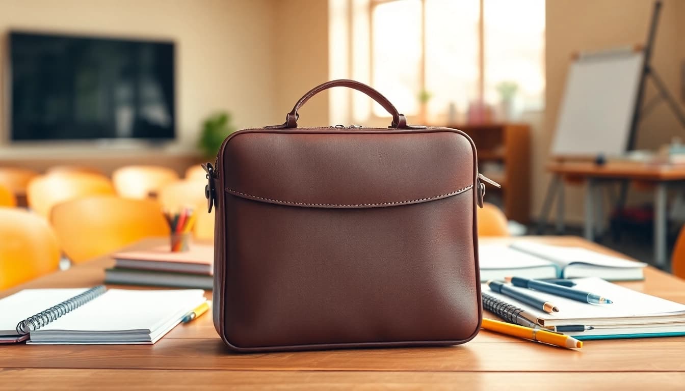 Funktionale Handytasche Schule auf einem Schreibtisch mit Schulmaterialien.
