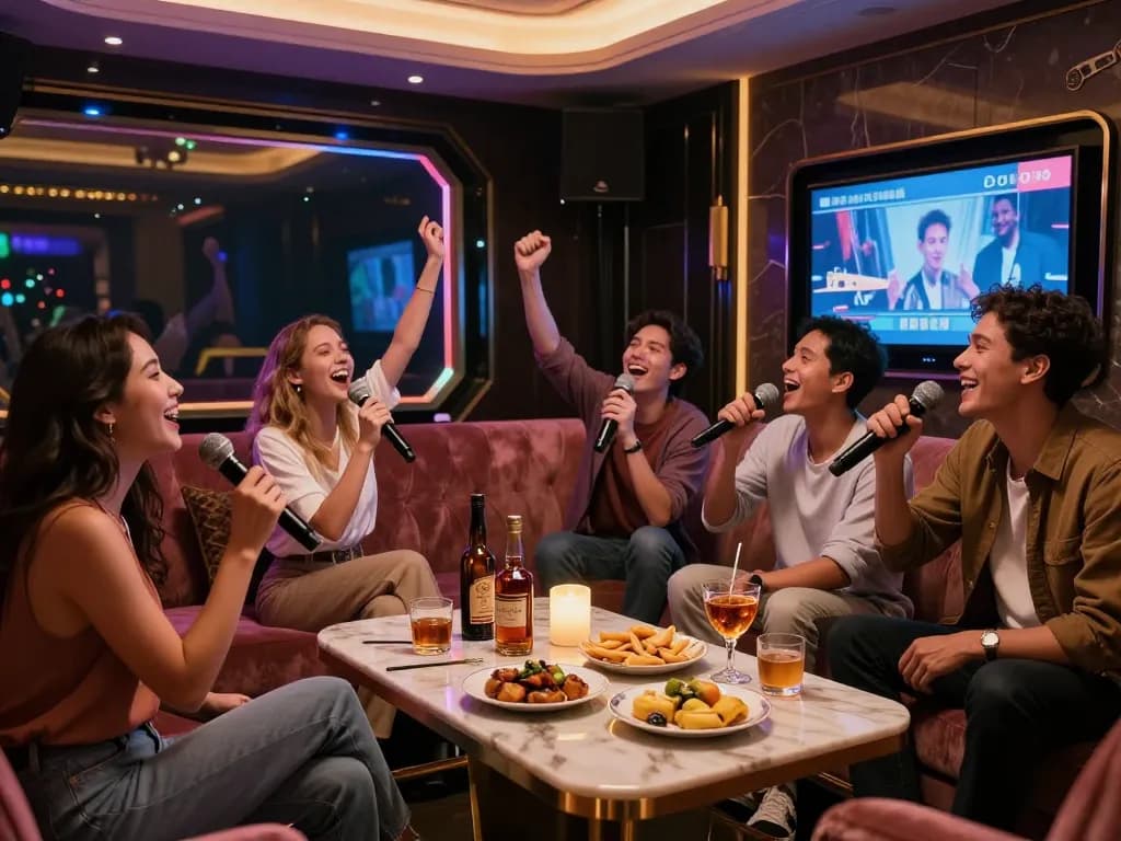 A vibrant karaoke lounge scene showcasing friends enjoying a fun night with drinks and premium entertainment at https://www.gangnamtune.com.
