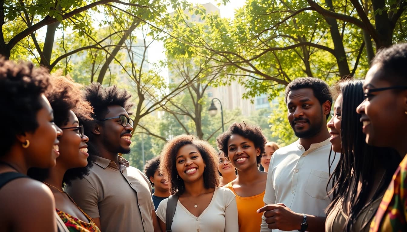 Engaged activists discussing Human Rights in a vibrant urban park setting, highlighting a sense of community.