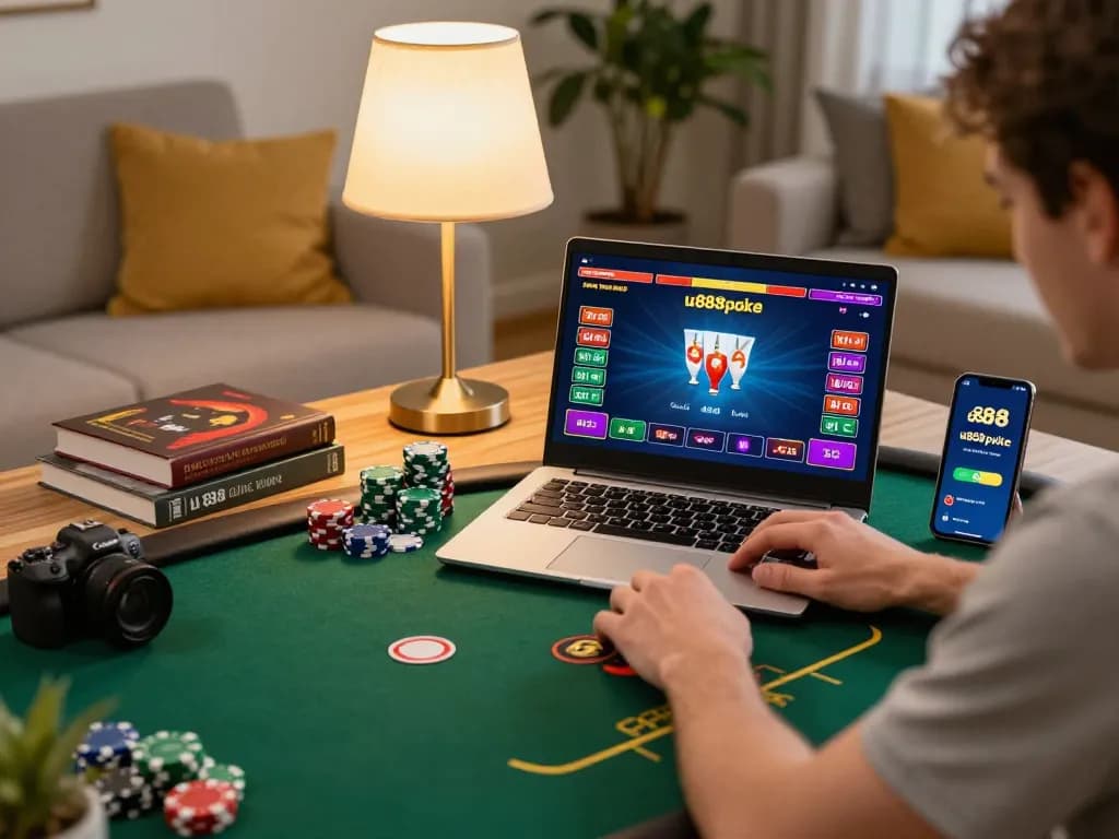 Engaging in u888poker online gaming with a vibrant setup featuring a laptop and betting strategies.