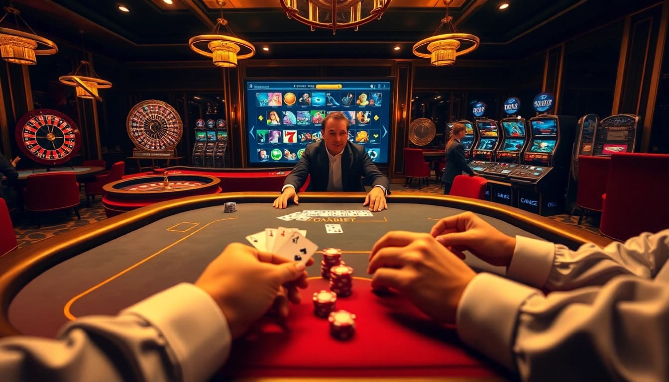 Joueurs de poker captivants autour d'une table luxueuse dans un casino en ligne France avec des visuels de jeu vibrants.