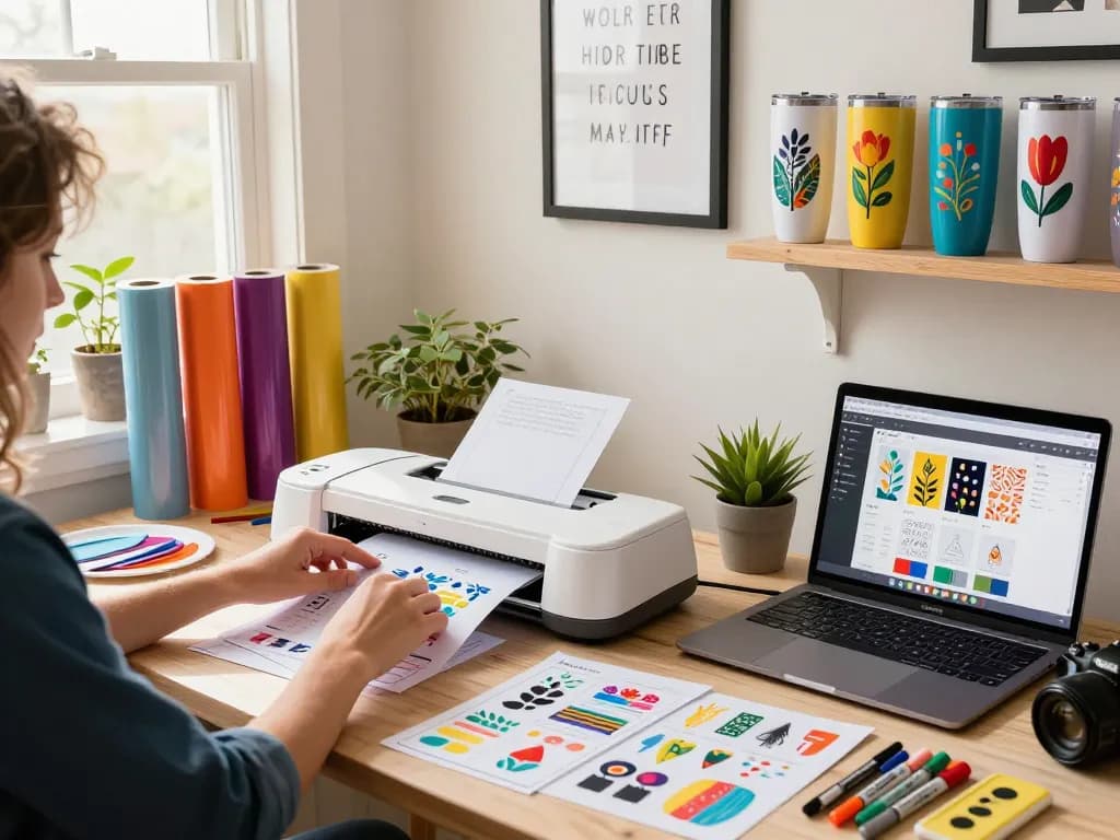 Creative workspace showcasing multiple Svg files for tumbler designs and a Cricut machine in a cozy craft studio.