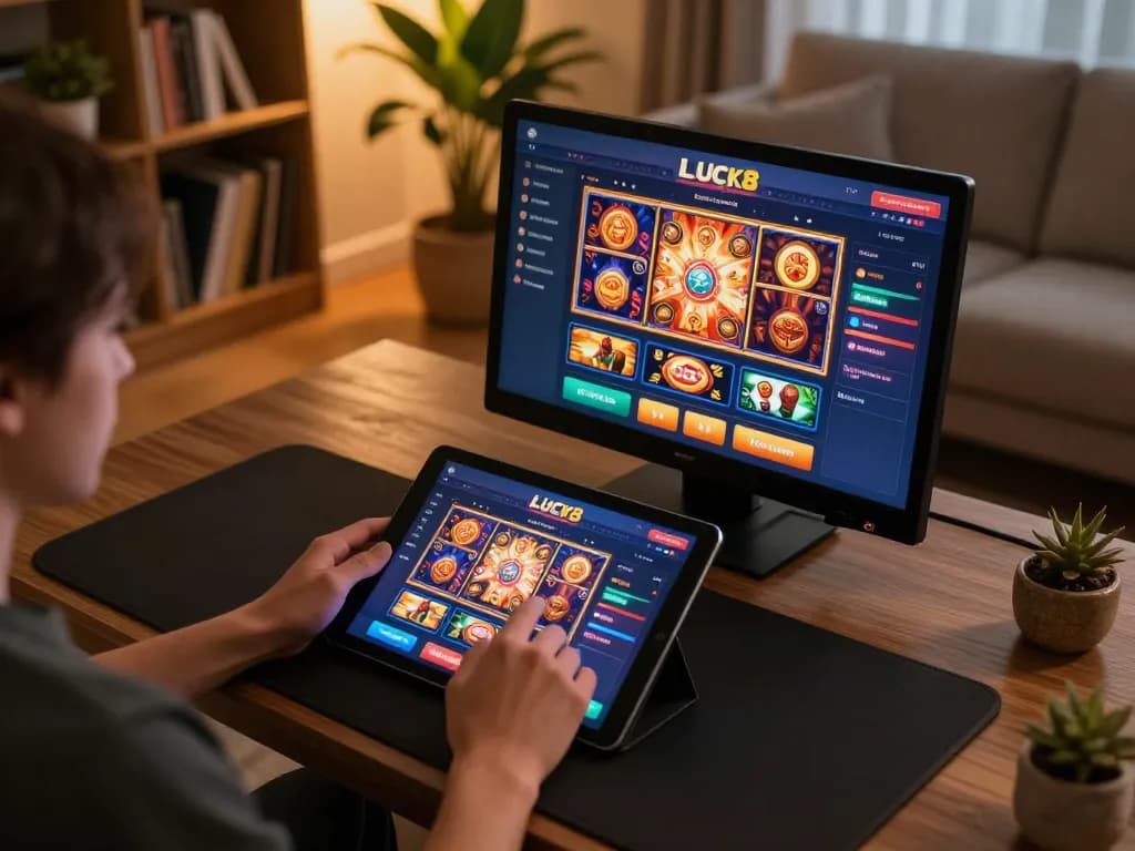 Engaging with LUCK8 casino on a tablet in a cozy home setting with warm ambiance