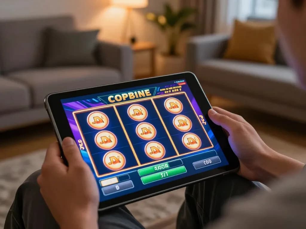 Engaging gameplay on gta togel with tablet showing live slot action in cozy home entertainment style.