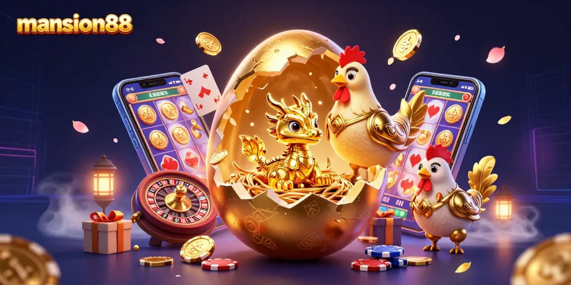 Experience the excitement at mansion88 with this vibrant casino illustration showing a golden dragon and poker elements.