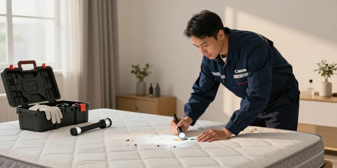 Bed bug exterminator inspecting a mattress for bed bug signs in a modern bedroom setting.