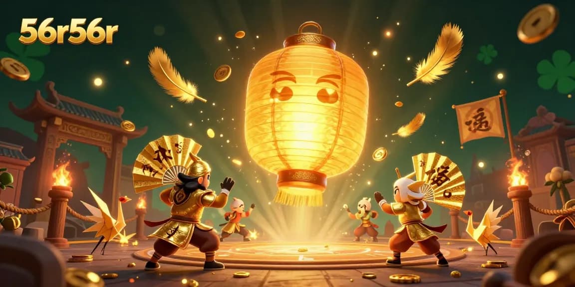 Ilustração 3D de um espírito lanternão dourado no cassino 56r56r com guerreiros de leque e símbolos de sorte.