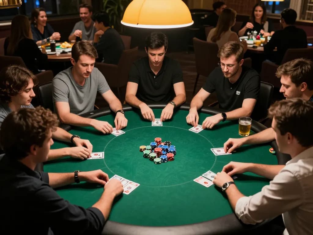 Players engaged in a live poker game session at AMBKING with m104 chips and drinks.