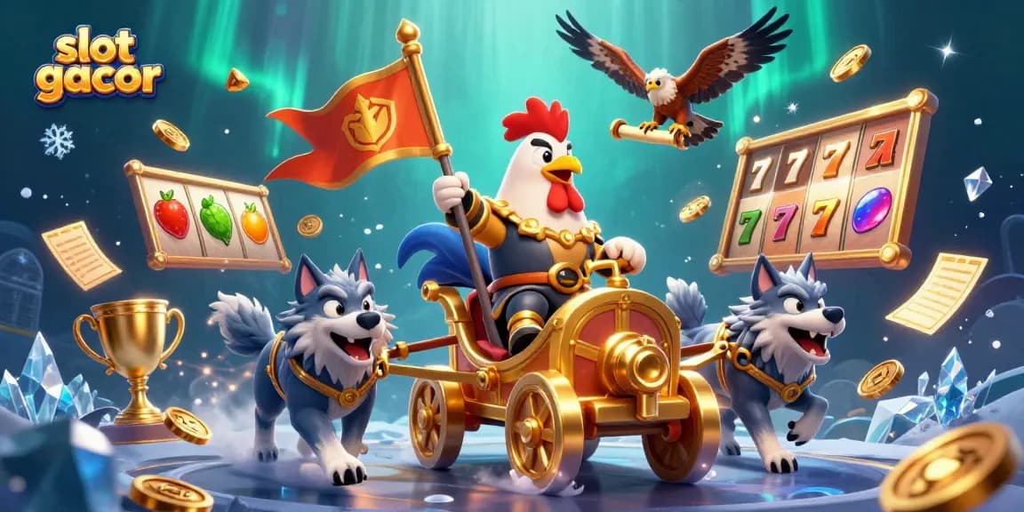 Engage with slot gacor through this dynamic illustration showcasing a rooster warlord and slot elements.