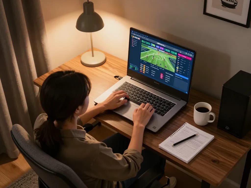 Person engaging in online sports betting on soi keo nha cai, cozy home setup.