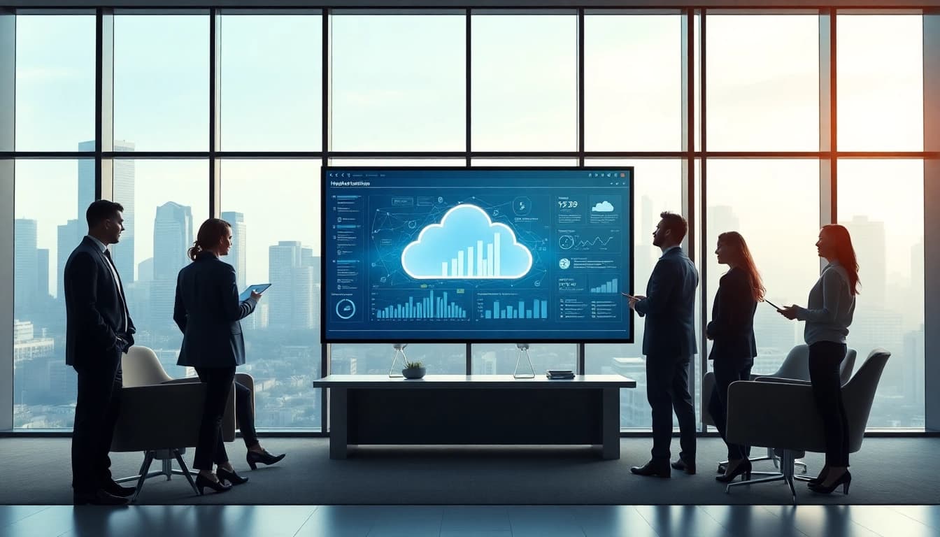 Understand Hybrid Cloud Solutions through a professional digital collaboration in a modern office.