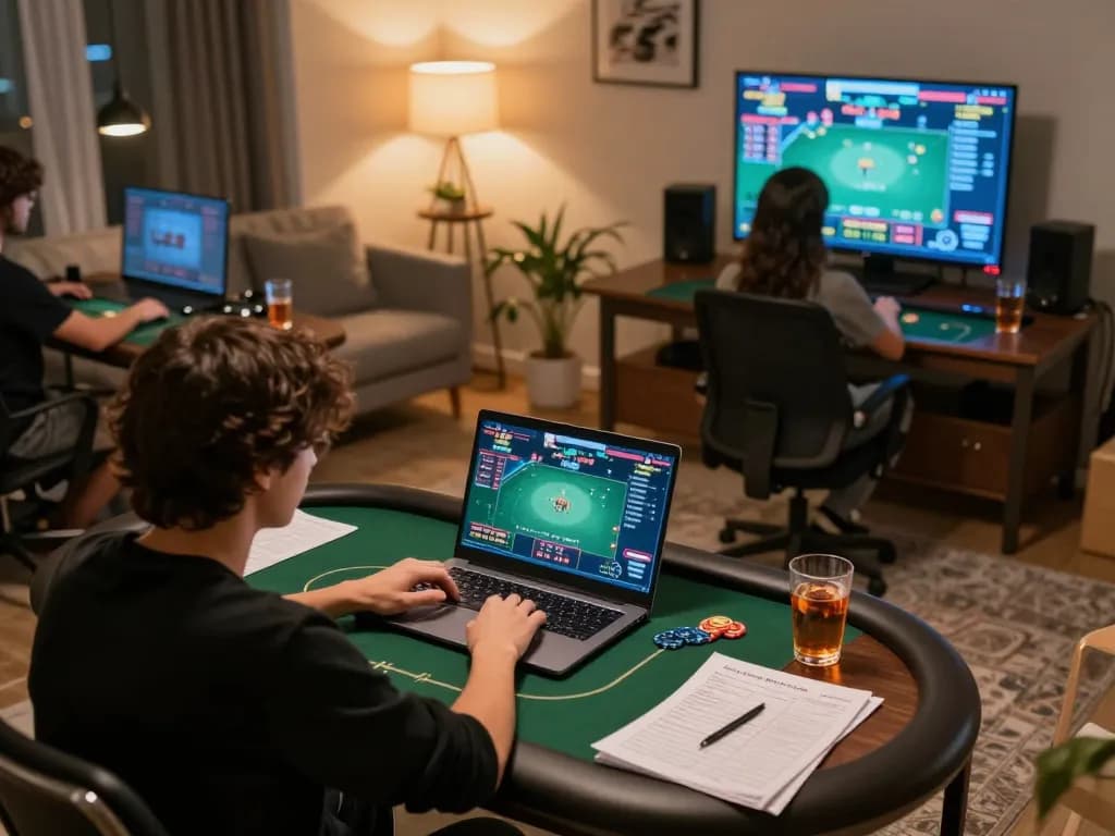 uu88 player strategizing in an engaging online poker game scenario with a laptop.