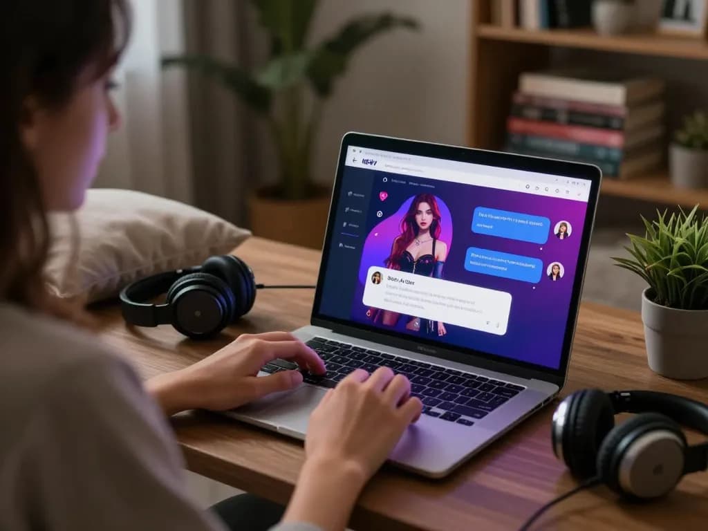 Interactive scene highlighting a user engaging with sex chat AI on a laptop, in a cozy room with intimate lighting.