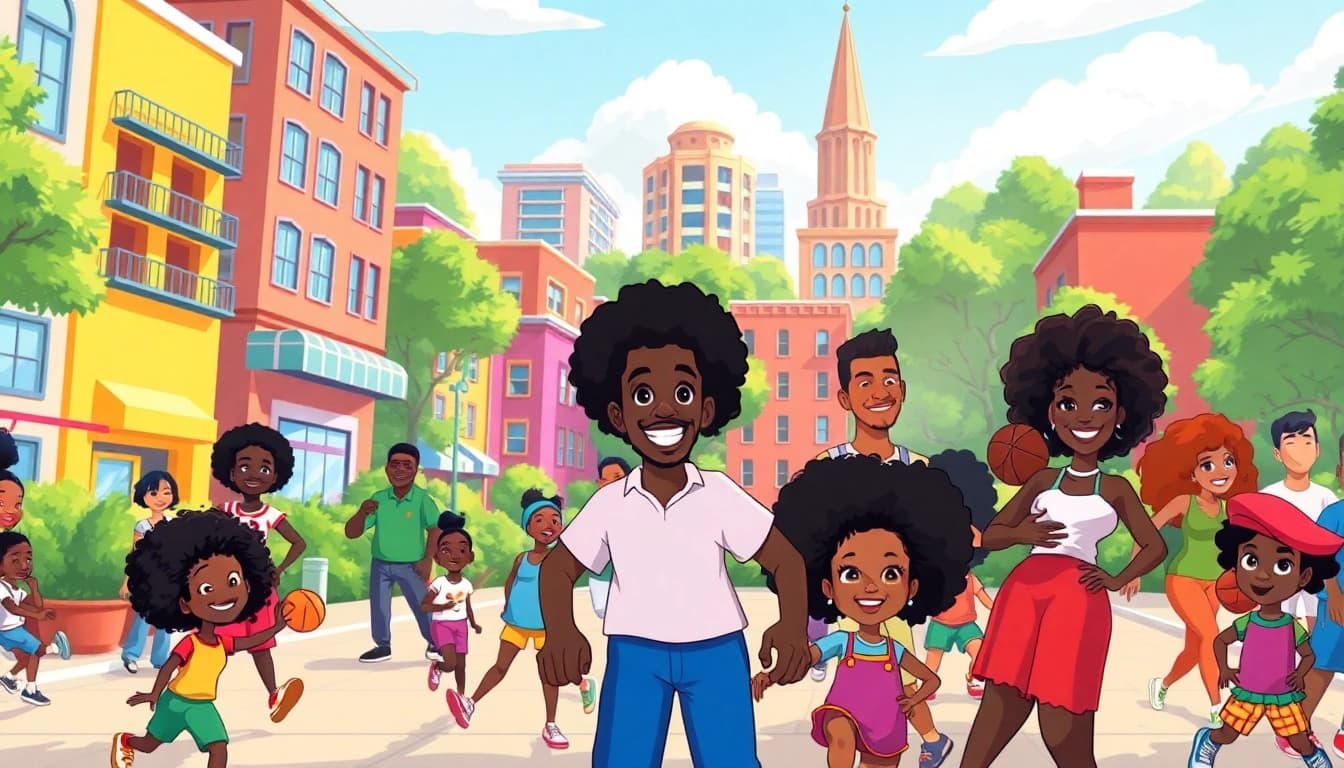 Celebration of African American Cartoons with diverse characters enjoying a vibrant animated city.