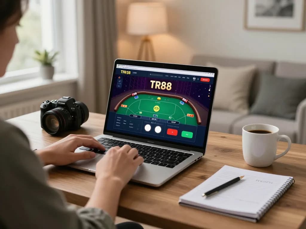 Player engages with TR88 online casino on laptop, showcasing poker strategy in a cozy environment.