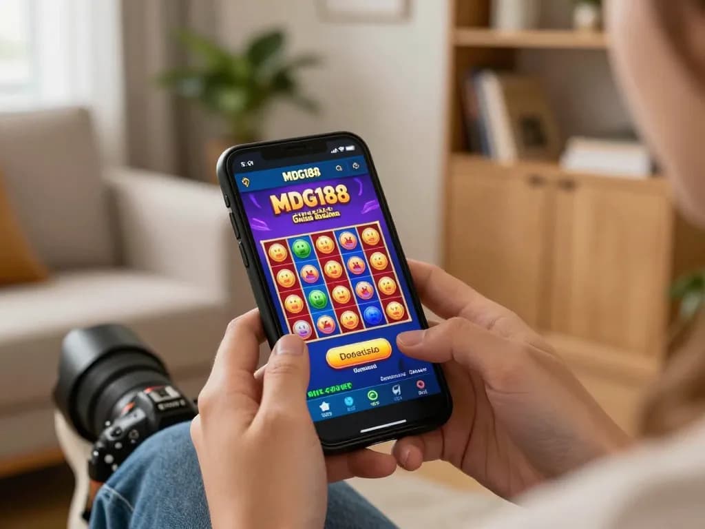 Engaging gameplay on MDG188 mobile app in a cozy home setting, showcasing a smartphone with colorful slots.