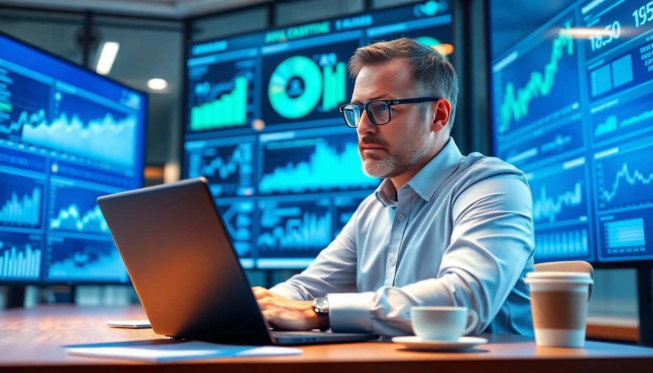 Analyze market trends with AI for competitive intelligence in a vibrant office.