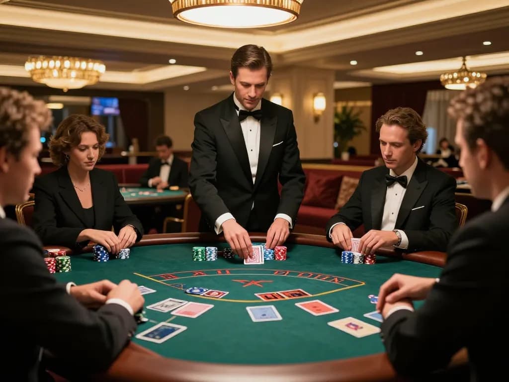 Players at blackjack table strategizing their bets at https://56win.bid/ with vibrant casino atmosphere.