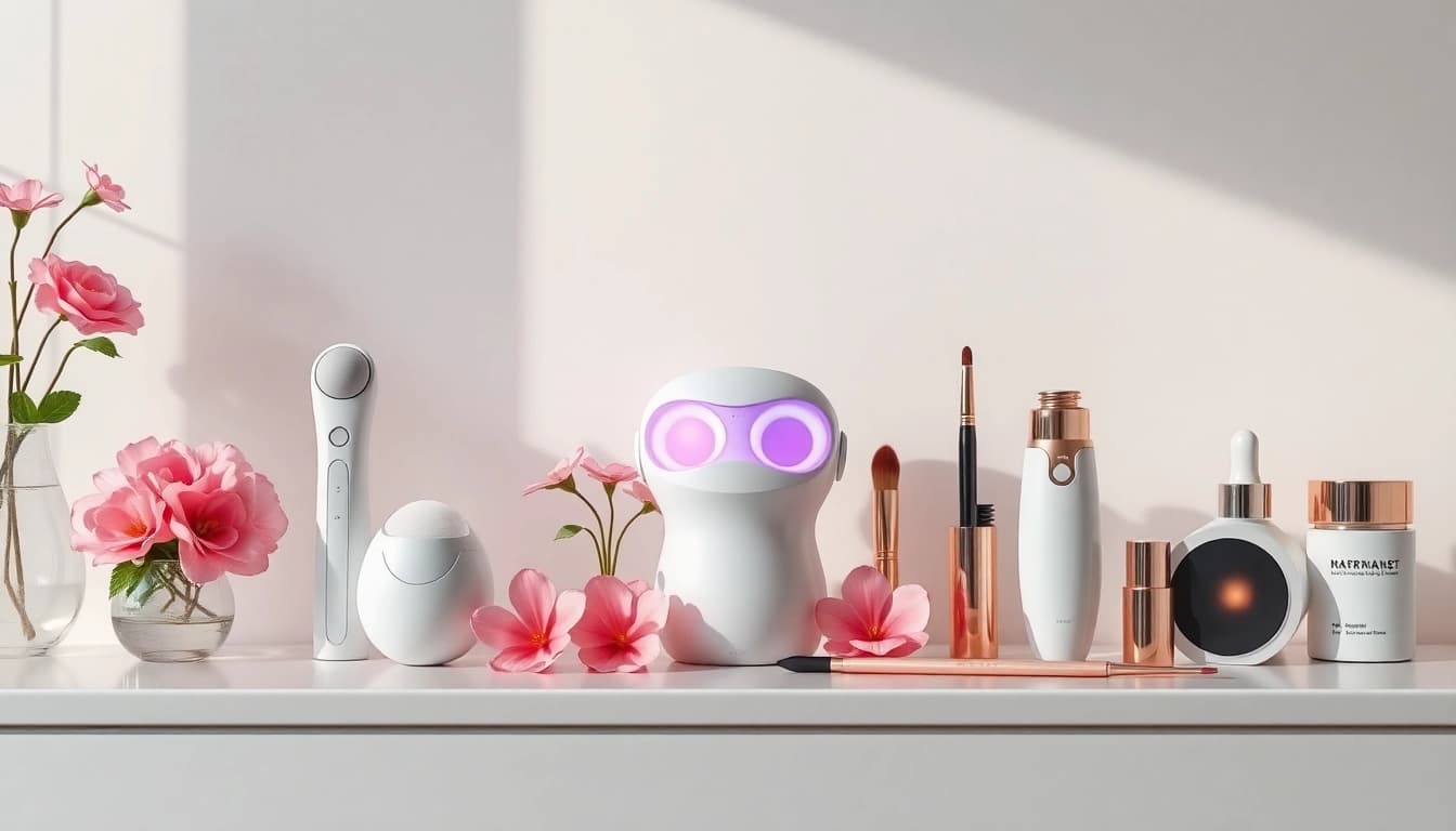 Showcase of the best beauty tools, including LED masks and cleansing brushes, in a luxurious setting.