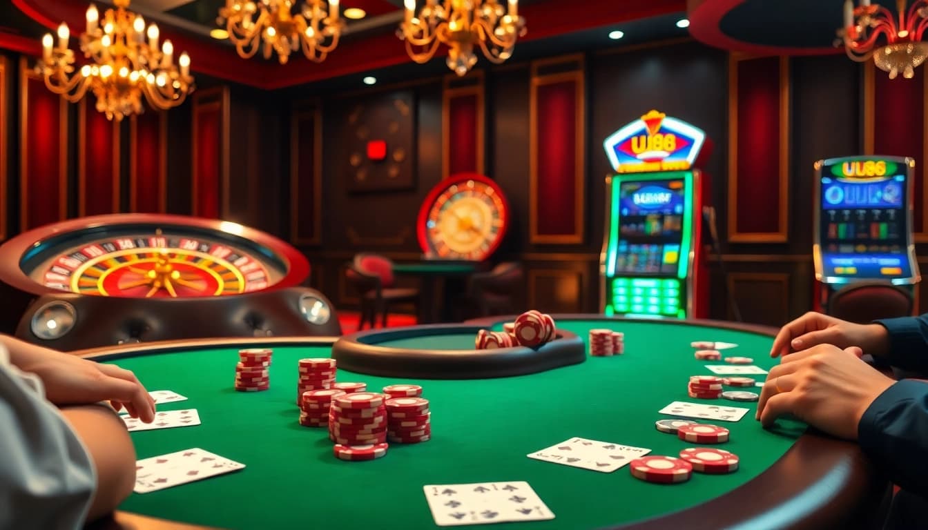UU88 players enjoying a thrilling poker game at an elegant casino table.