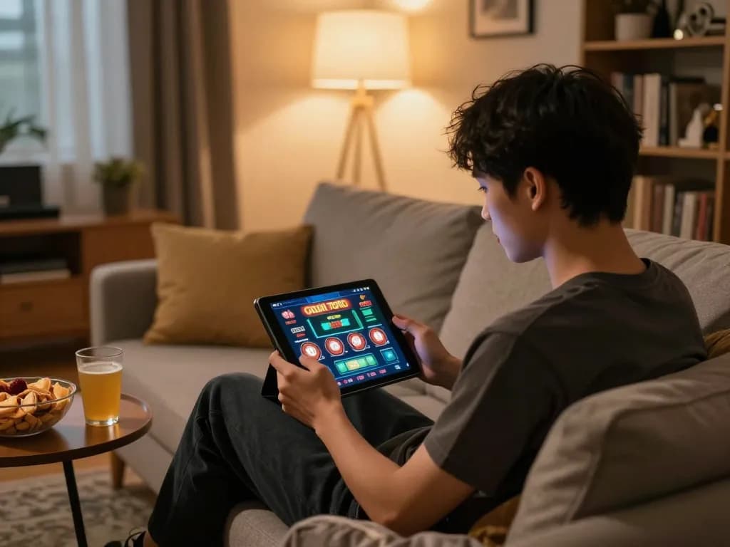 Person engaging with gajah toto online casino on a tablet in a cozy living room setting.