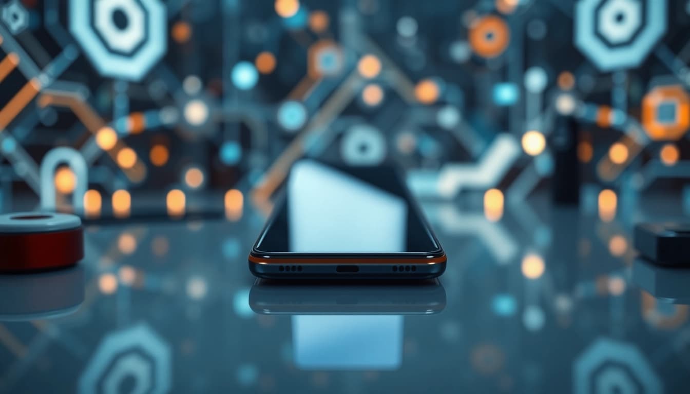 Xiaomi telefon na nowoczesnym tle technologicznym, podkreślający jego elegancki design.
