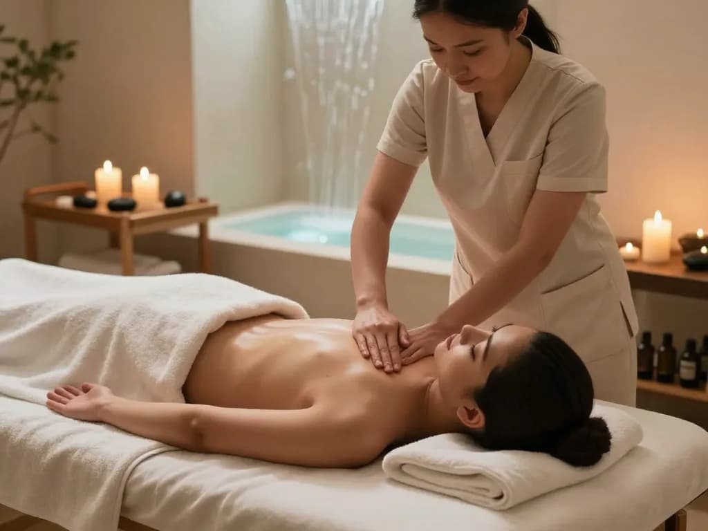 Swedish 마사지 therapy session in a tranquil spa, showcasing relaxation and comfort.