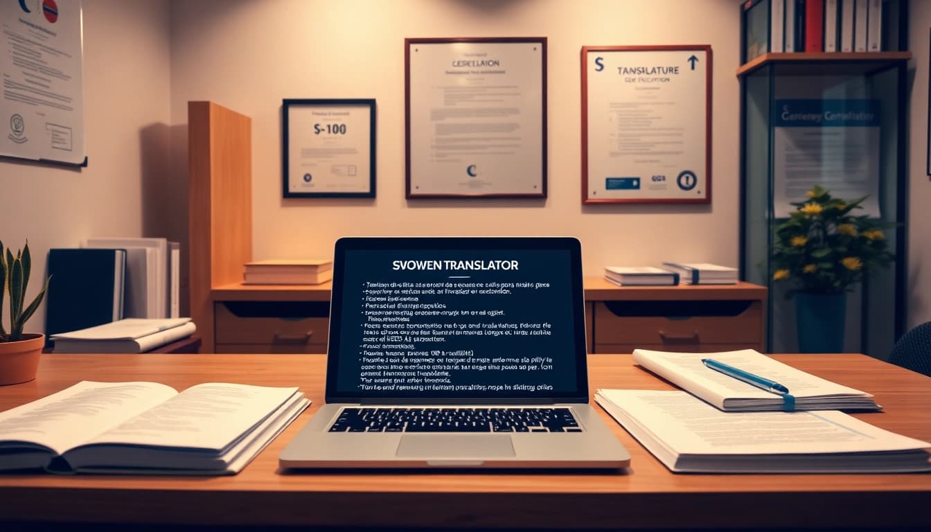 Espace de travail professionnel d'un traducteur assermenté à Strasbourg avec des supports de traduction.