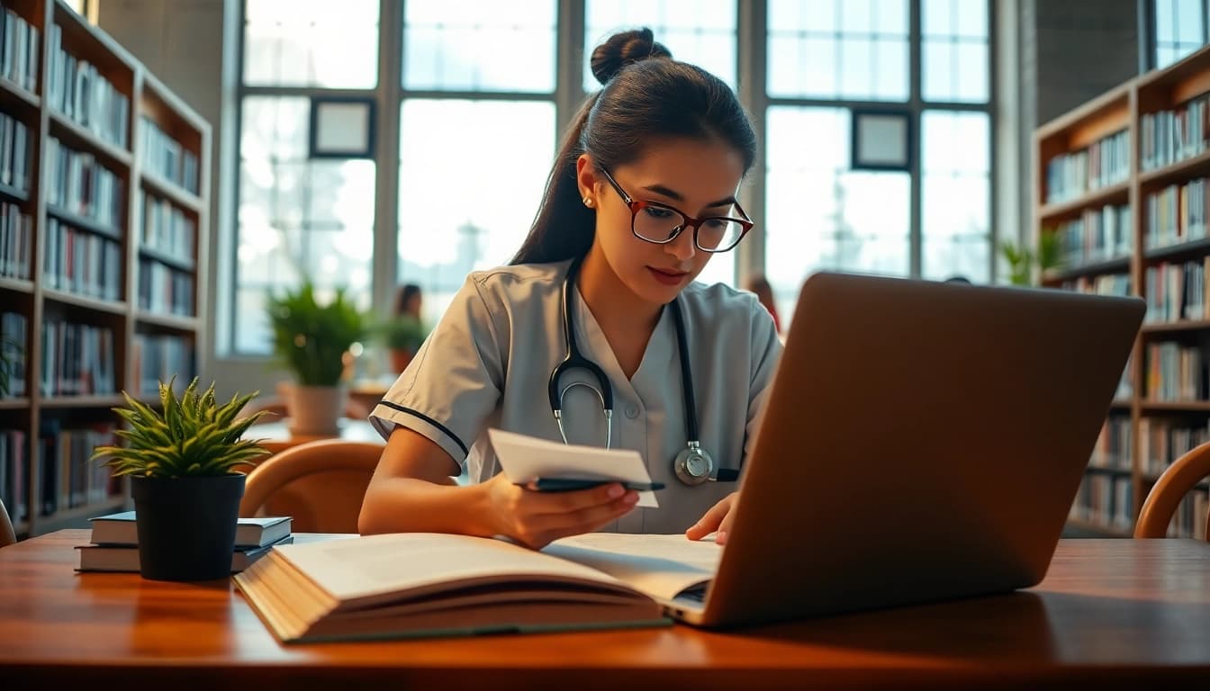 Write my nursing essay with a dedicated nursing student studying in a sunny library.