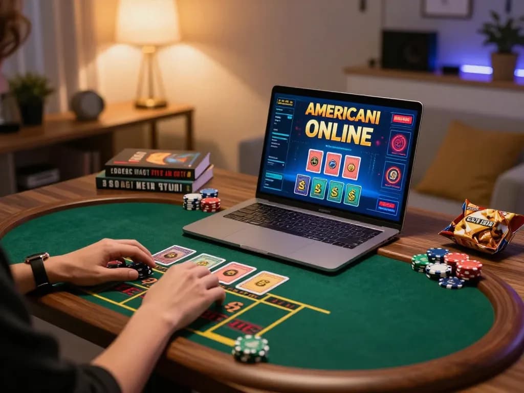 Engaged player enjoying casino americani online action on a laptop, displaying live dealer gameplay setup
