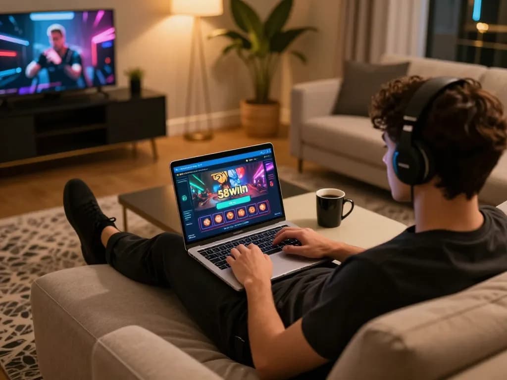 Player enjoys online gaming on the 58wiin platform in a cozy living room.
