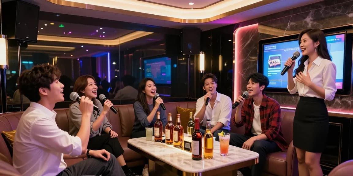 Experience the vibrant atmosphere of 강남가라오케 with friends enjoying private karaoke rooms amidst colorful lighting and premium drinks.