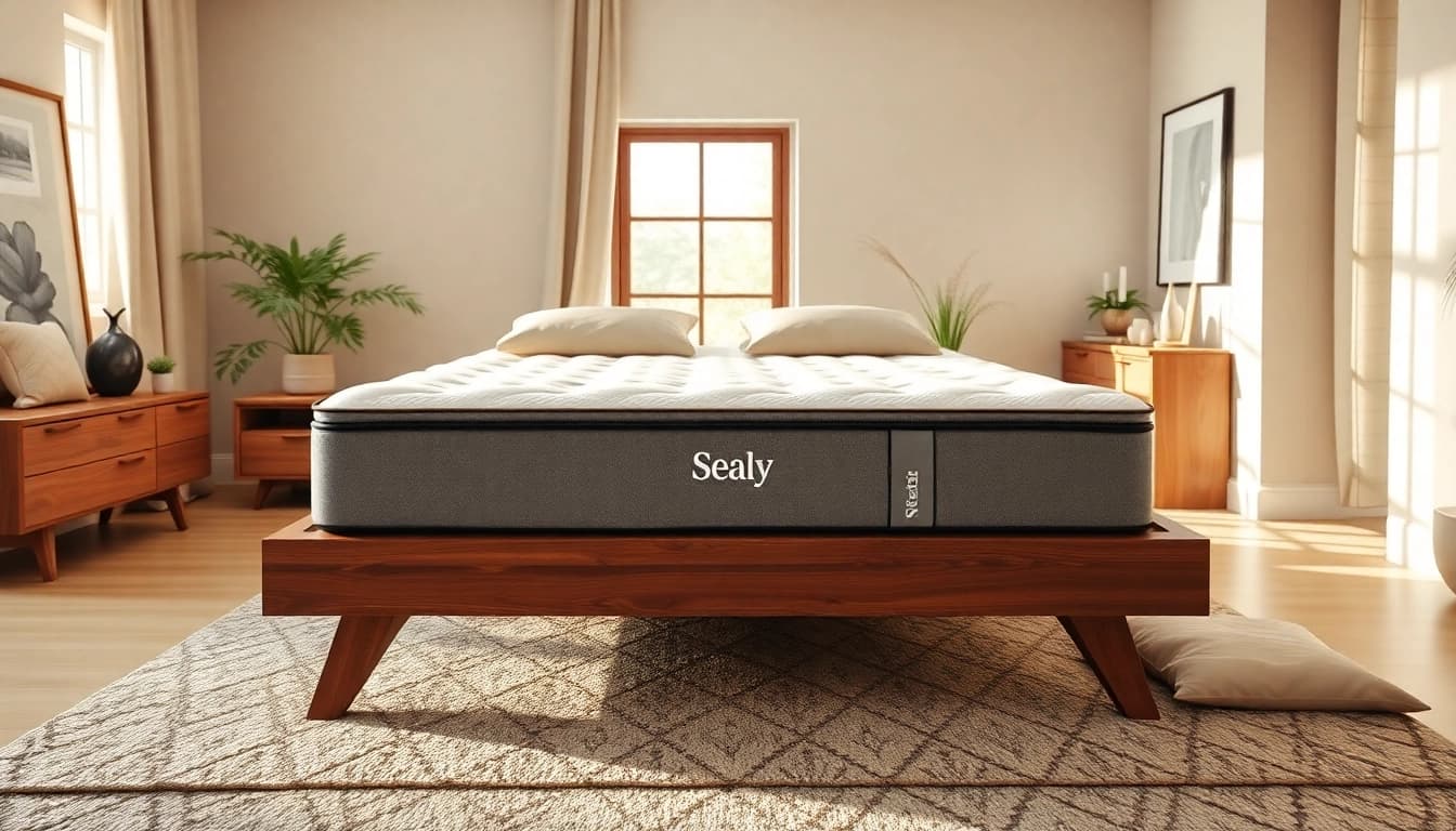 Experience comfort on a Sealy gel foam mattress in a beautifully styled bedroom setting.