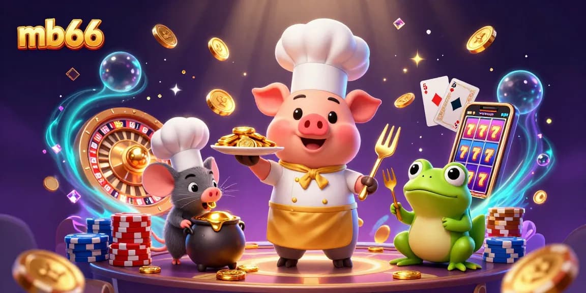 Bet big at mb66 with a thrilling casino scene featuring a pig chef, sous-chef mouse, and frog critic.