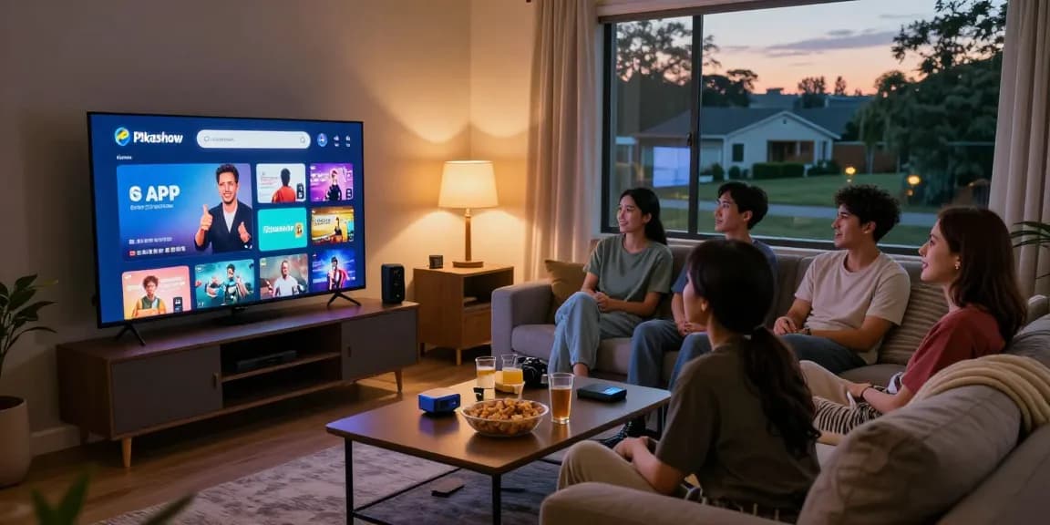Friends enjoying movies via Pikashow APK in a cozy living room setting, showcasing vibrant atmosphere and social connection.