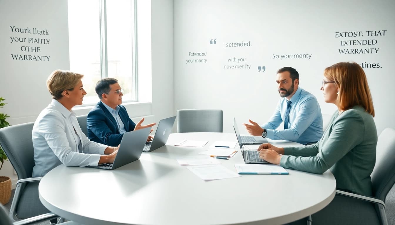 Discussing strategies for an extended warranty company in a professional meeting room.