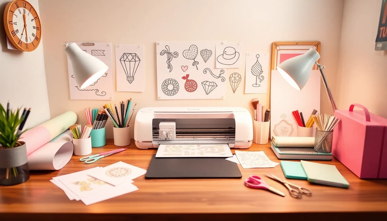 Cricut SVG workspace featuring a cutting machine and colorful materials for crafting.