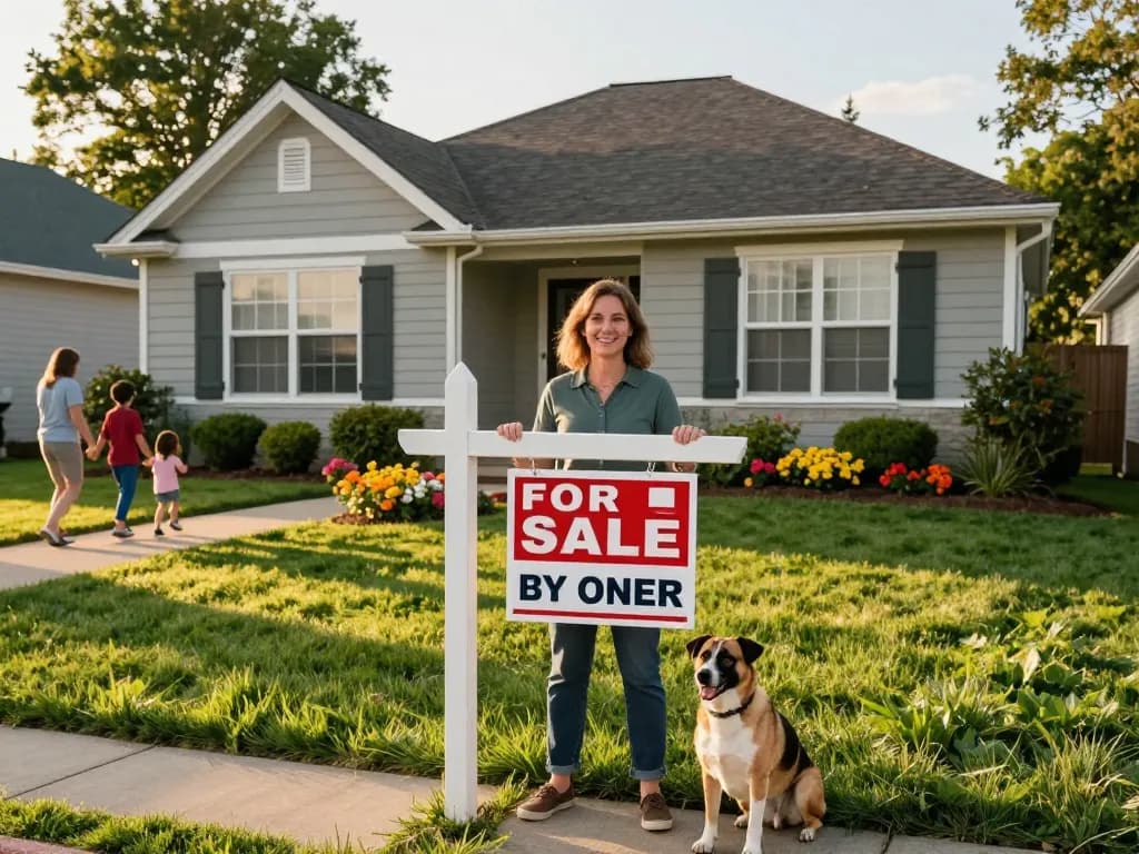 Sell house without realtor: Homeowner proudly displaying "For Sale By Owner" sign in front of inviting suburban home.