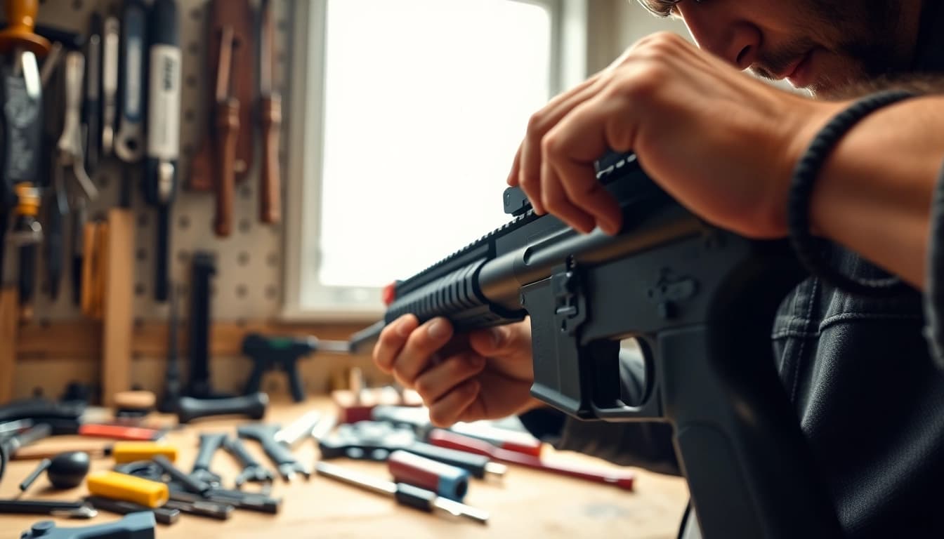 Illustration of a professional installing an AR 10 trigger, showcasing detailed tools on a workbench.