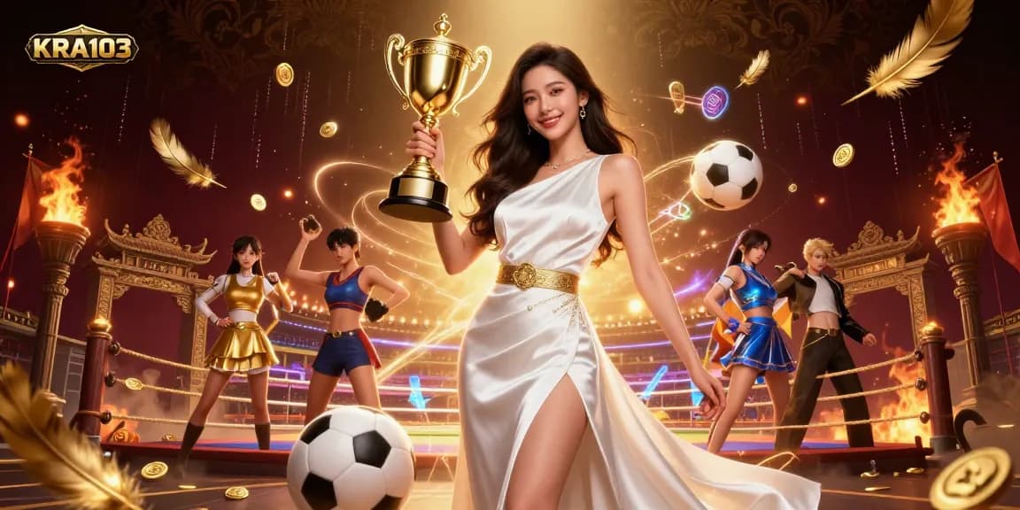 KRA103 showcases a victorious Asian woman with a trophy amidst rich casino elements, exemplifying confident sports betting.