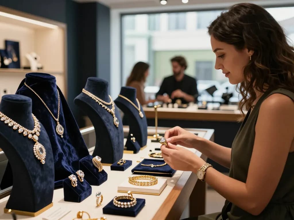 Explore top article on exquisite jewelry selection in a luxurious showroom.