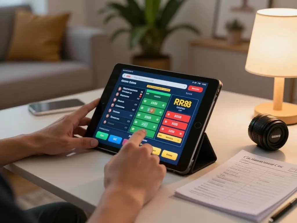 Engaging in real-time sports betting on RR88 via tablet in a cozy living room setting