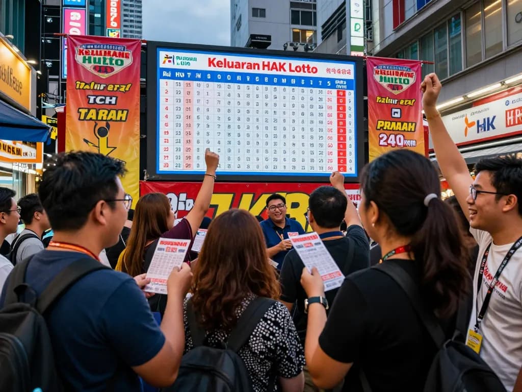 Keluaran HK Lotto live draw event with enthusiastic players celebrating and checking results in vibrant urban setting.