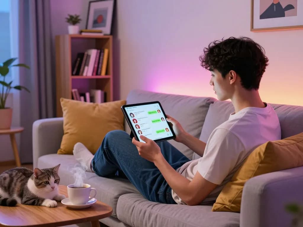 Engaging NSFW AI chat experience on a tablet in a cozy urban apartment.